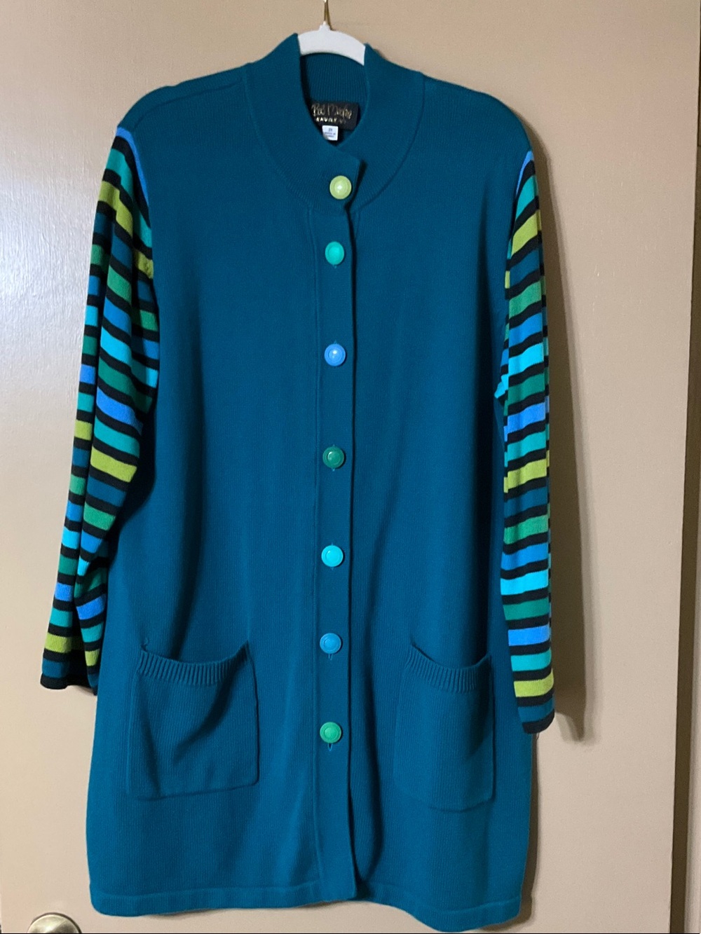 Bob Mackie Teal Long Cardigan with Multicolor Striped Sleeves